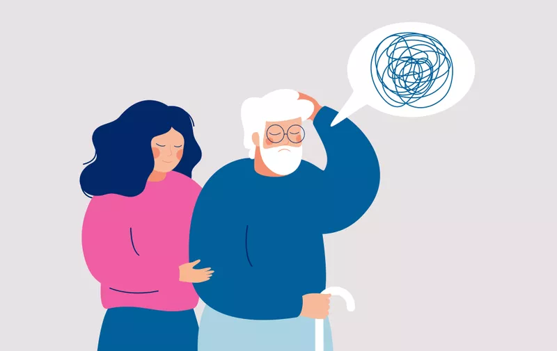 Young female volunteer is caring for an elderly person with dementia.  Senior person leans on a cane, and a young social worker supports and helps him. Flat style vector illustration