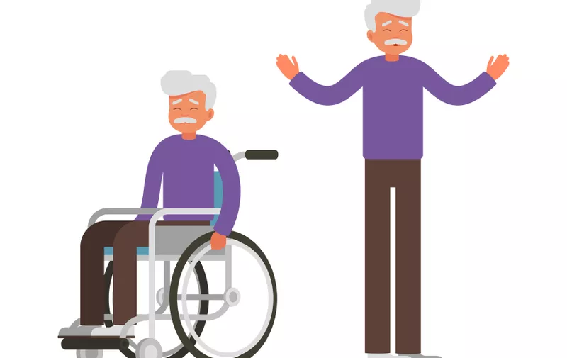 Set of Sad old man sits in wheelchair and happy man stands with raised arms. Elderly male person got up from a wheelchair as a result of rehabilitation. Vector Medical concept