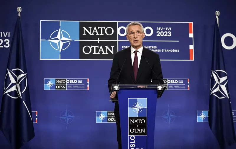 NATO Secretary General Jens Stoltenberg attends a press conference at the National Museum after an informal meeting of NATO Foreign Affairs Ministers in Oslo, Norway on June 1, 2023. (Photo by Stian Lysberg Solum / NTB / AFP) / Norway OUT
