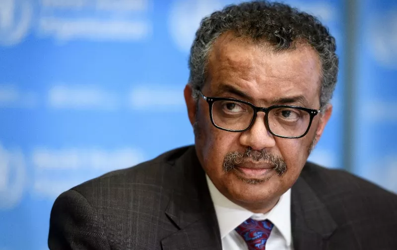 EDITORS NOTE: Graphic content / World Health Organization (WHO) Director-General Tedros Adhanom Ghebreyesus attends a daily press briefing on the COVID-19 outbreak (the novel coronavirus) at the WHO headquarters in Geneva on February 28, 2020. (Photo by Fabrice COFFRINI / AFP)