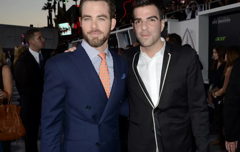 HOLLYWOOD, CA - MAY 14: Actor Chris Pine (L) and Zachary Quinto arrive at the Premiere of Paramount Pictures' "Star Trek Into Darkness" at Dolby Theatre on May 14, 2013 in Hollywood, California.   Kevin Winter/Getty Images for Paramount Pictures/AFP