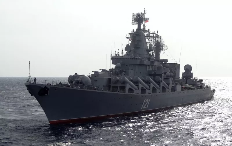 The Russian missile cruiser Moskva patrols in the Mediterranean Sea, off the coast of Syria, on December 17, 2015. - Russia began its air war in Syria on September 30, conducting air strikes against a range of anti-regime armed groups including US-backed rebels and jihadist groups. Moscow has said it is fighting and other "terrorist groups," but its campaign has come under fire by Western officials who accuse the Kremlin of seeking to prop up Syrian President Bashar al-Assad. (Photo by Max DELANY / AFP)