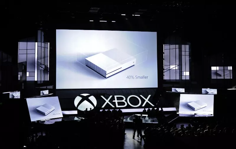 LOS ANGELES, CA - JUNE 13: The new Microsoft Xbox One S console is announced during the Microsoft Xbox news conference at the E3 Gaming Conference on June 13, 2016 in Los Angeles, California. The One S is slated to launch in August.   Kevork Djansezian/Getty Images/AFP