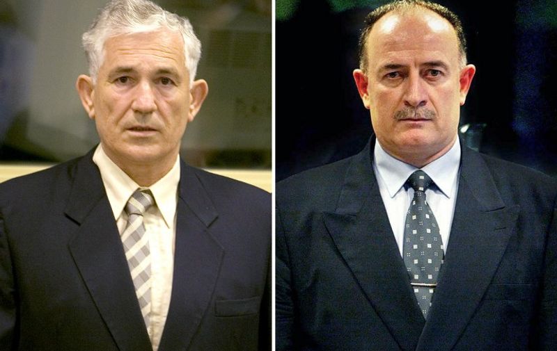(FILES) Combo photo shows former Yugoslav army officer Mile Mrksic (L) at the UN War Crimes Tribunal in The Hague on October 10, 2005 and his subordinate Veselin Sljivancanin (R) during his first appeal at the UN War Crimes Tribunal in The Hague on July 10, 2003. The UN's Yugoslav war crimes court will deliver its verdict on May 5, 2009 in an appeal by two Serb army officers jailed for their role in a 1991 massacre of people seeking refuge at a Croatian hospital. Mile Mrksic and Veselin Sljivancanin appealed against the sentences handed down by the International Criminal Tribunal for the Former Yugoslavia in September 2007 for the torture and execution of nearly 200 Croat prisoners of war. 
AFP PHOTO/ANP/POOL