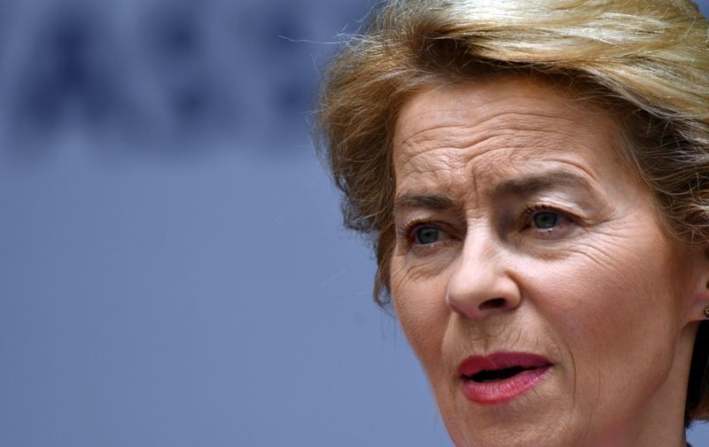 German Defense Minister Ursula von der Leyen gives a speech on June 15, 2019 during the Day of the German Armed Forces at the air base in Fassberg, northern Germany. (Photo by PATRIK STOLLARZ / AFP)