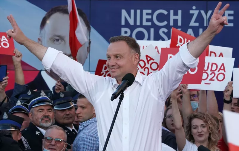 Polish president and candidate to his succession for the Law and Justice (PiS) party  Andrzej Duda addresses supporters during a campaign meeting ahead of the presidential election in Lomza, central Poland on July 7, 2020. (Photo by JANEK SKARZYNSKI / AFP)