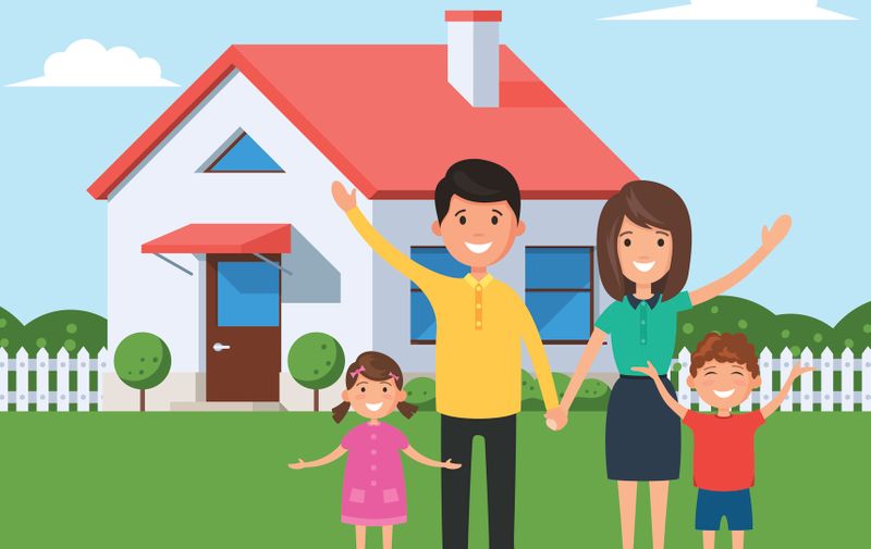 Happy family in front of the house. Mom and dad, daughter and son on the background of their home. Vector illustration in flat style