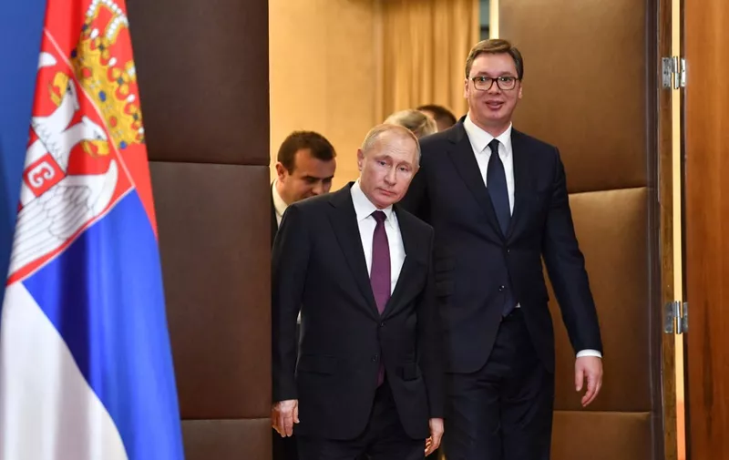 Serbian President Aleksandar Vucic and his Russian counterpart Vladimir Putin arrive to attend a signing ceremony following their talks in Belgrade on January 17, 2019. (Photo by Andrej ISAKOVIC / AFP)