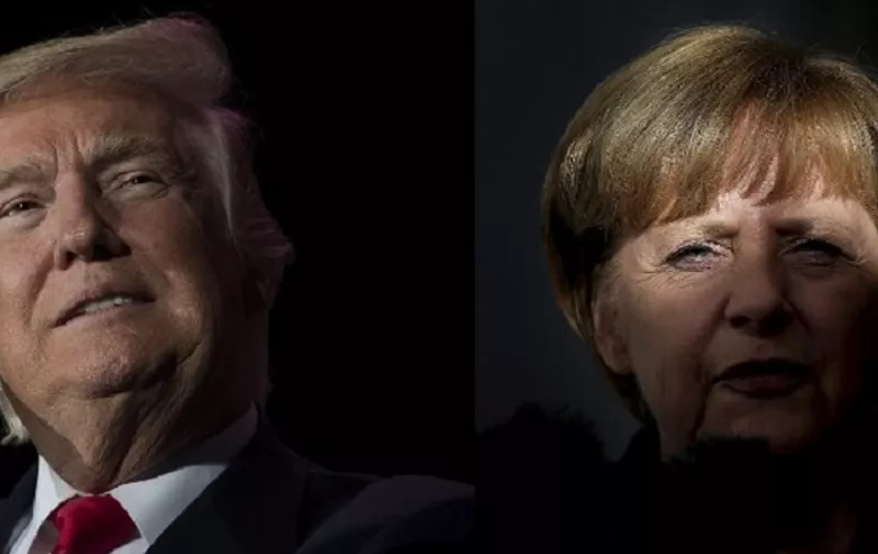 (COMBO) This combination of file photos created on January 16, 2017 shows US President-elect Donald Trump (December 16, 2016 in Orlando, Florida) and German Chancellor Angela Merkel (R, September 17, 2013 in Magdeburg).
Chancellor Angela Merkel made a "catastrophic mistake" in letting migrants flood into Germany, US President-elect Donald Trump said in a newspaper interview on January 15, 2017.
 / AFP PHOTO / Jim WATSON AND Ronny HARTMANN