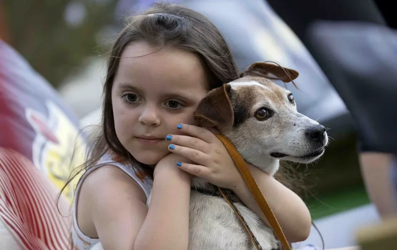 An Israeli child hugs her dog during a special screening of the movie "The Secret Life of Pets" organised by the Tel Aviv-Jaffa municipality for pets and their owners, on July 11, 2016, at a rooftop cinema theatre in the coastal Israeli city. (Photo by JACK GUEZ / AFP)
