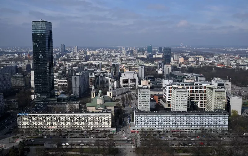 This photograph taken on March 20, 2024 shows a panoramic view of Warsaw as seen from the Palace of Culture and Science. (Photo by Sergei GAPON / AFP)