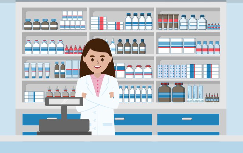 Pharmacy interior with drug shelves and cashier counter flat design illustration vector.