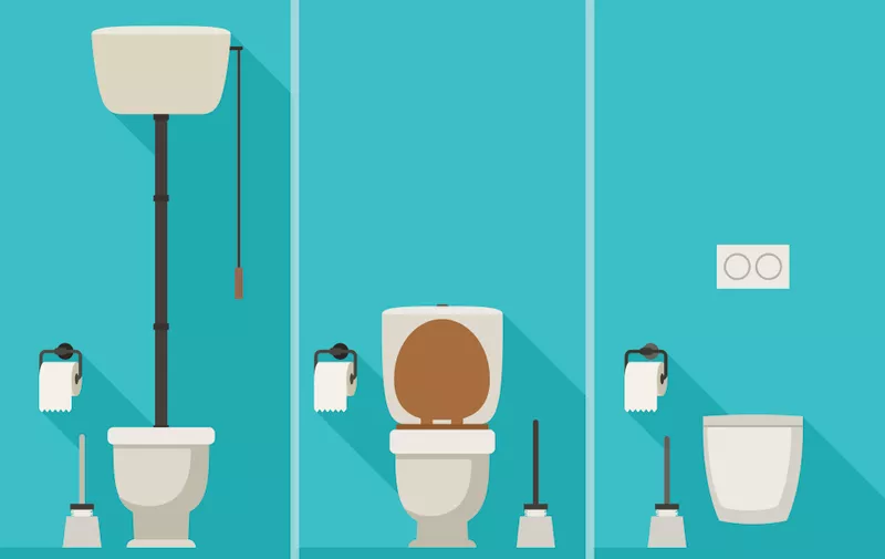 Toilets with long shadow. Vector flat illustration of toilets with toilet paper and brush.