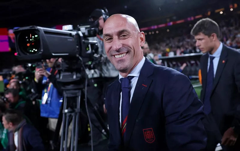(FILES) President of the Royal Spanish Football Federation Luis Rubiales (C) reacts at the end of the Australia and New Zealand 2023 Women's World Cup final football match between Spain and England at Stadium Australia in Sydney on August 20, 2023. Luis Rubiales on September 10, 2023 said he will resign as Spanish football federation chief after kiss scandal. (Photo by FRANCK FIFE / AFP)