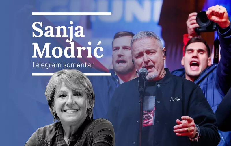 Sanja Modrić, Telegram komentar - grafika s portretom žene i pozadinom političkog govora s mikrofonom