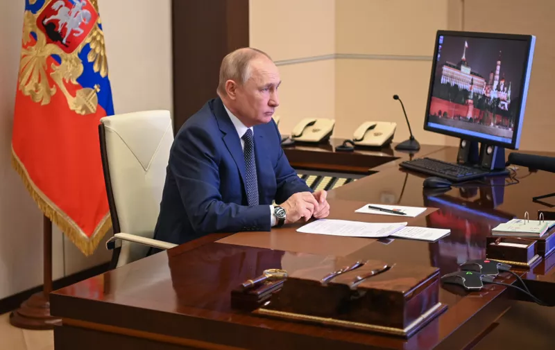 8132188 04.03.2022 Russian President Vladimir Putin attends a  ceremony of raising the national flag on the Marshal Rokossovsky ferry in northern Russia, via a video conference at the Novo-Ogaryovo state residence outside Moscow, Russia.,Image: 666314671, License: Rights-managed, Restrictions: , Model Release: no, Credit line: Profimedia