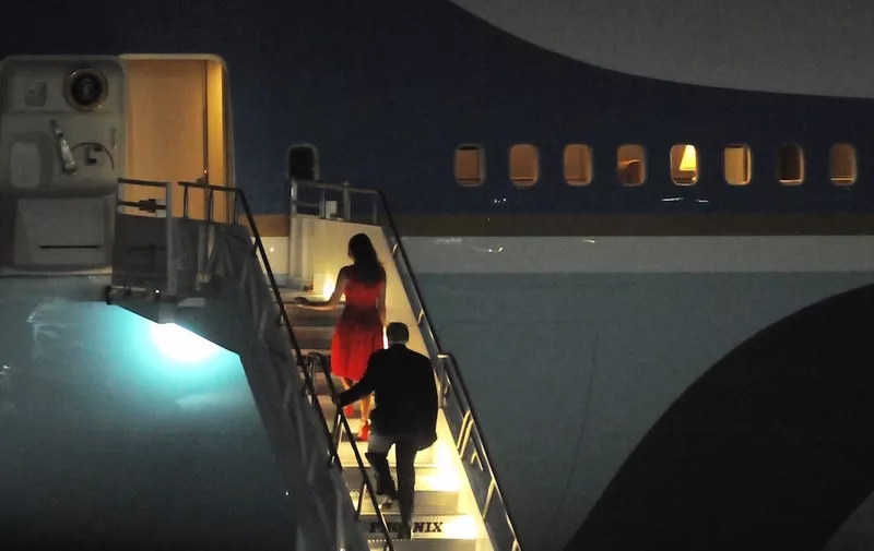 February 18, 2017 - Melbourne, Florida, United States - U.S. President Donald Trump and First Lady Melania Trump walk up the stairs to Air Force One after a campaign rally on February 18, 2017 at Orlando-Melbourne International Airport in Melbourne, Florida. This is the first event of its kind that Trump has held since his inauguration on January 20, 2017., Image: 321450997, License: Rights-managed, Restrictions: , Model Release: no, Credit line: Profimedia, Polaris