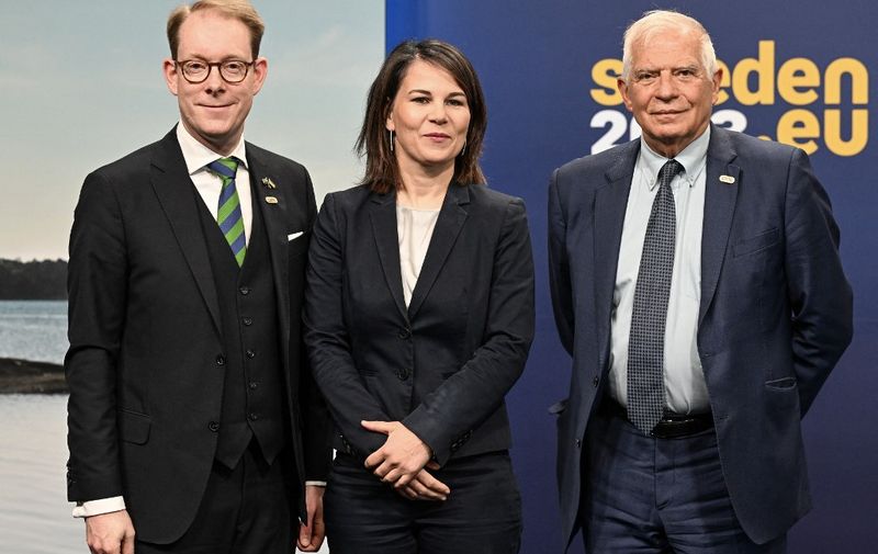 Sweden's Foreign Minister Tobias Billstrom (L) poses with German Foreign Minister Annalena Baerbock (C) and the High Representative of the European Union for Foreign Affairs and Security Policy Josep Borrell Fontelles (R) during an informal meeting of EU foreign ministers in Stockholm, Sweden, on May 12, 2023. (Photo by Jonas EKSTROMER / TT NEWS AGENCY / AFP) / Sweden OUT