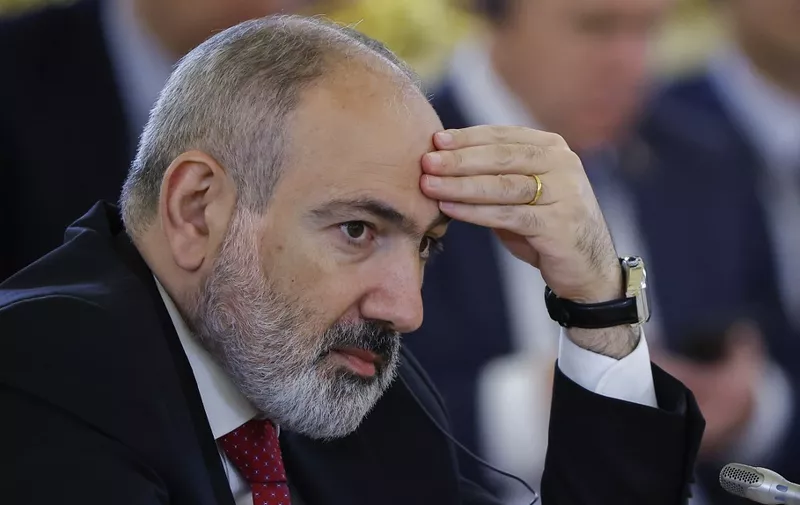 Armenian Prime Minister Nikol Pashinyan attends a meeting of the Supreme Eurasian Economic Council at the summit of the Eurasian Economic Union (EAEU) in Moscow on May 8, 2024. (Photo by Evgenia Novozhenina / POOL / AFP)