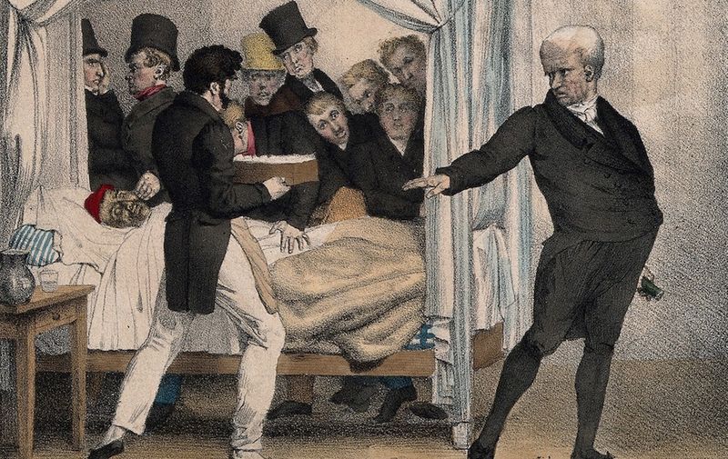 V0011773 A doctor prescribes another ninety leeches for a sick, bedbo
Credit: Wellcome Library, London. Wellcome Images
images@wellcome.ac.uk
http://wellcomeimages.org
A doctor prescribes another ninety leeches for a sick, bedbound man; gentlemen crowd around the bed. Coloured lithograph by C.J. TraviËs, c. 1827.
1827 By: Charles Joseph Travies de VillersPublished: [c. 1827]

Copyrighted work available under Creative Commons Attribution only licence CC BY 4.0 http://creativecommons.org/licenses/by/4.0/