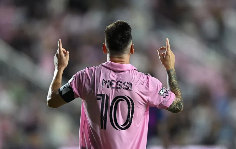 Aug 11, 2023; Fort Lauderdale, FL, USA; Inter Miami CF forward Lionel Messi (10) reacts after scoring a goal in the second half against Charlotte FC at DRV PNK Stadium. Mandatory Credit: Jeremy Reper-USA TODAY Sports