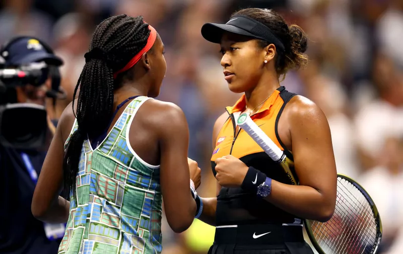 NEW YORK, NEW YORK - AUGUST 31: Cori Gauff of the United States and Naomi Osaka of Japan speak following their Women's Singles third round match on day six of the 2019 US Open at the USTA Billie Jean King National Tennis Center on August 31, 2019 in Queens borough of New York City. (Photo by Clive Brunskill/Getty Images)