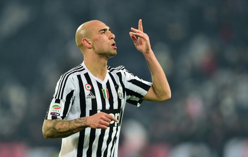 Juventus' forward from Italy Simone Zaza celebrates after scoring a goal during the Italian Serie A  football match Juventus Vs Napoli on February 13, 2016 at the "Juventus Stadium" in Turin. / AFP / GIUSEPPE CACACE