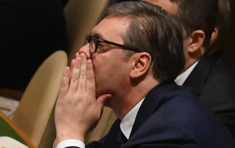 President of Serbia Aleksandar Vu?i? listens during a United Nations (UN) General Assembly meeting to vote on the creation of an International day to commemorate the Srebrenica genocide at UN headquarters in New York on May 23, 2024. (Photo by ANGELA WEISS / AFP)