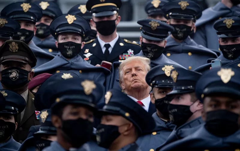 US President Donald Trump joins West Point cadets during the Army-Navy football game at Michie Stadium on December 12, 2020 in West Point, New York. (Photo by Brendan Smialowski / AFP)