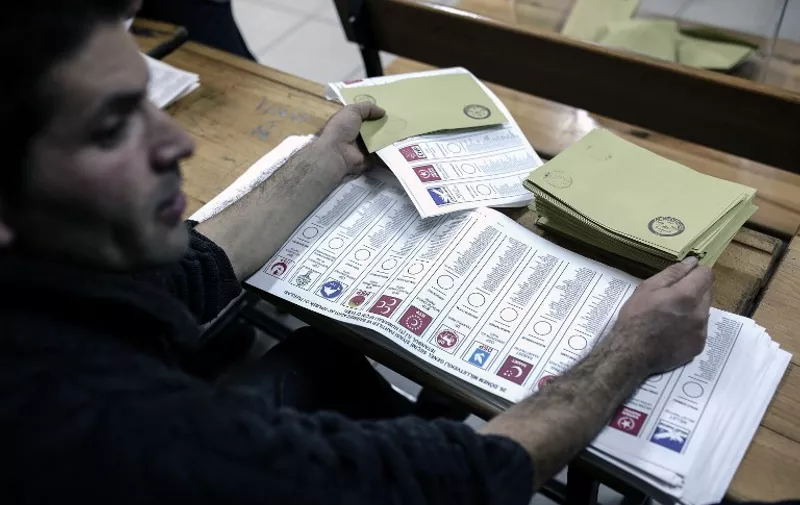 An election official prepares  ballots with parties' logos on November 1, 2015 as part of Turkey's legislative election at a polling station in Istanbul. More than 54 million Turks are eligible to cast their votes in a snap election on November 1 called following an inconclusive vote in June as the deeply divided country confronts a bloody wave of jihadist attacks and a renewed Kurdish conflict. AFP PHOTO / YASIN AKGUL