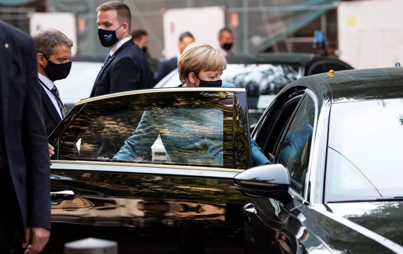 German Chancellor Angela Merkel leaves after attending a ceremony marking the 70th anniversary of the Central Council of Jews in Germany at the New Synagogue in Berlin on September 15, 2020. (Photo by Bernd von Jutrczenka / POOL / AFP)