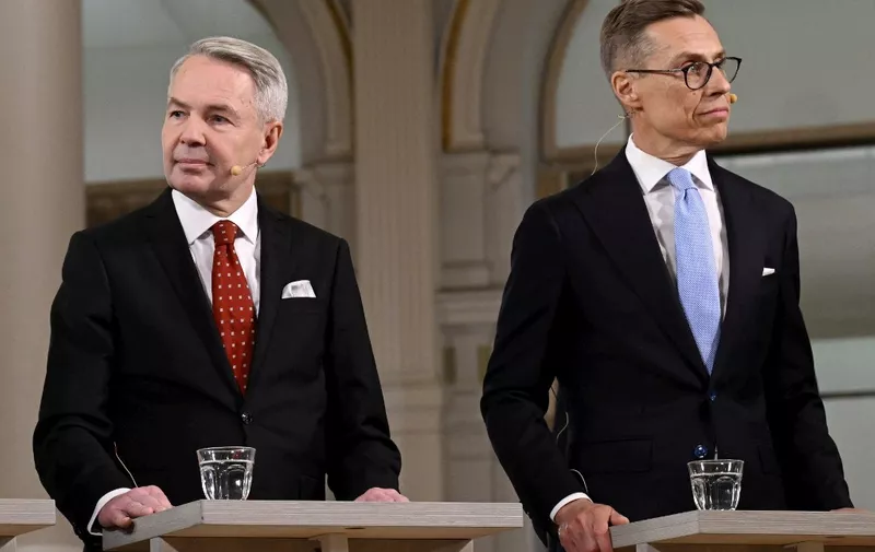 Finnish former foreign minister and candidate of the Green League (VIHR) Pekka Haavisto (L) and Finnish former prime minister and candidate of the National Coalition Party NCP Alexander Stubb (R) take part in an the Presidential election night debate at the City Hall in Helsinki, Finland, after the first round of the presidential election, on January 28, 2024. Favourites Alexander Stubb and Pekka Haavisto were on January 28, 2024 headed into the second round of Finland's presidential election, having each won over a quarter of votes, with nearly all ballots counted.
Former prime minister Stubb won 27.1 percent of votes, while the former foreign minister Haavisto secured 25.8 percent, with more than 99 percent of votes counted, said election officials. They will meet in the runoff election on February 11. (Photo by Markku Ulander / Lehtikuva / AFP) / Finland OUT