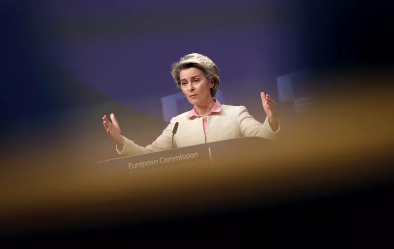 European Commission President Ursula von der Leyen gestures during a media conference on Brexit negotiations at the EU headquarters in Brussels, on December 24, 2020. Britain said on December 24, 2020, an agreement had been secured on the country's future relationship with the European Union, after last-gasp talks just days before a cliff-edge deadline. (Photo by Francisco Seco / POOL / AFP)