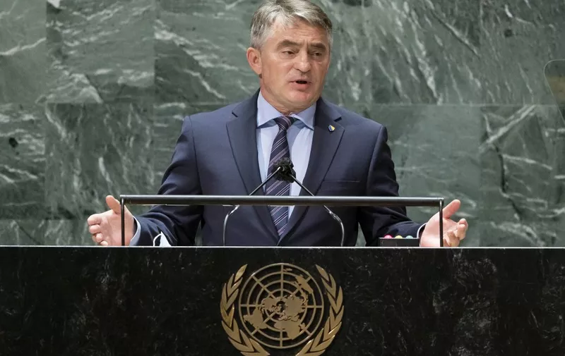 Bosnia and Herzegovinas President Zeljko Komsic addresses the 76th session of the UN General Assembly on September 22, 2021, in New York. (Photo by JUSTIN LANE / POOL / AFP)