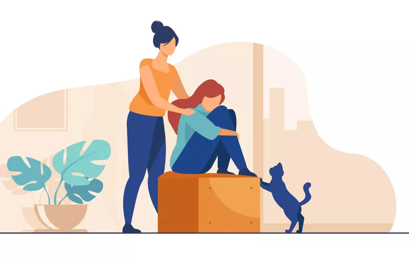 Woman giving comfort and support to friend, keeping palms on her shoulder. Girl feeling stress, loneliness, anxiety. Vector illustration for counseling, empathy, psychotherapy, friendship concept