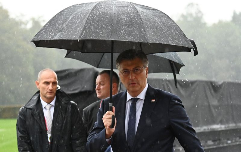 Croatia's Prime Minister Andrej Plenkovic arrives for the EU-Western Balkans summit at Brdo Congress Centre, near Ljubljana on October 6, 2021. - Western Balkan countries can expect reassurances but no concrete progress on their stalled bids for European Union membership when EU leaders meet today. (Photo by Joe Klamar / AFP)