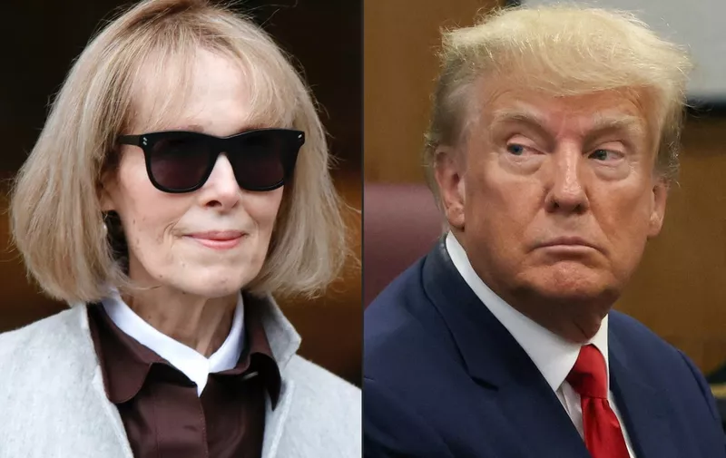 (COMBO) This combination of file pictures created on May 09, 2023 shows, writer E. Jean Carroll (L) at the Manhattan Federal Court in New York on April 25, 2023; and former US president Donald Trump at the Manhattan Criminal Court in New York on April 4, 2023. Trump has suffered back-to-back legal blows over his sexual abuse of Carroll and money paid to porn star Stormy Daniels, but the jury is out over how much it may cost him among women voters in his race to regain the White House. The Republican frontrunner late on May 10, 2023, brushed off any notion that a decision by New York jurors to find him liable for abusing former Elle magazine columnist E. Jean Carroll would turn women voters against him. (Photo by Kena Betancur and Andrew KELLY / various sources / AFP)