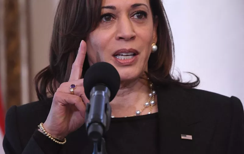 US Vice President Kamala Harris speaks during a press conference with the Polish President at Belwelder Palace in Warsaw, Poland, March 10, 2022. - Harris pays a three-day trip to Poland and Romania for meetings about the war in Ukraine. (Photo by SAUL LOEB / POOL / AFP)