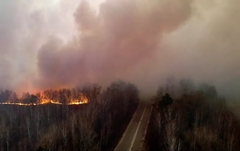 This picture taken on April 10, 2020, shows a forest fire burning at a 30-kilometer (19-mile) Chernobyl exclusion zone, not far from the nuclear power plant. (Photo by Oleksandr SYROTA / AFP)