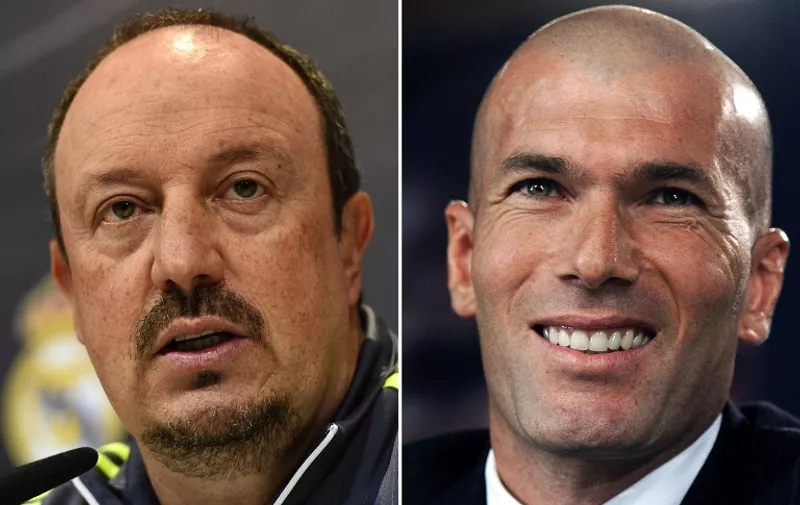 (FILES) A combination of two pictures taken shows Real Madrid's coach Rafael Benitez (L) during a press conference at Valdebebas sport city in Madrid on December 12, 2015 and former Real Madrid's football player French Zinedine Zidane during the presentation a book entitled "Zidane, the elegance of simple hero'' at Santiago Bernabeu stadium in Madrid on June 3, 2011. Beleaguered Real Madrid coach Rafael Benitez could be sacked by the Spanish giants as early as on January 4, 2015 evening after just seven months in charge, several Spanish media outlets reported. Sports daily Marca reported Benitez's sacking will be made official in the coming hours with French legend and the club's reserve team coach Zinedine Zidane to take over.     AFP PHOTO/ JAVIER SORIANO / AFP / JAVIER SORIANO