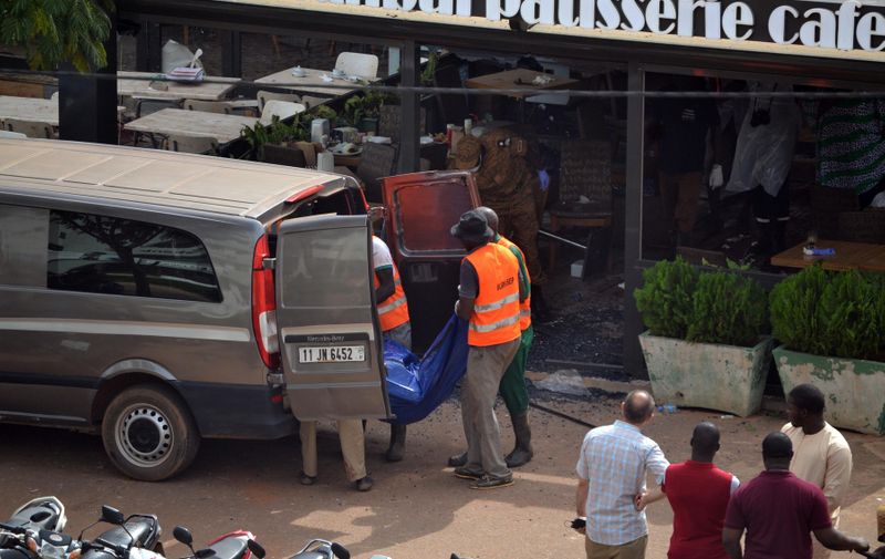 (170814)    OUAGADOUGOU, Aug. 14, 2017 ()    Rescuers transfer remains of the victims of an attack at a restaurant in Ouagadougou, capital of Burkina Faso, on Aug. 14, 2017. A group of gunmen attacked a Turkish restaurant in the center of Burkina Faso on Sunday evening, leaving at least 18 dead and 20 others injured.,Image: 345078082, License: Rights-managed, Restrictions: Supplied by AVALON.RED - Fee Payable Upon Reproduction - For queries contact Avalon - sales@avalon.red  London: +44 (0) 20 7421 6000  Florida: +1 239 689 1883  Berlin: +49 (0) 30 76 212 251, Model Release: no, Credit line: Profimedia