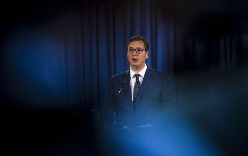 Serbian President Aleksandar Vucic gives a press conference in Belgrade, on June 15, 2017. - Vucic announced Ana Brnabic as the serbia's next prime minister. (Photo by OLIVER BUNIC / AFP)