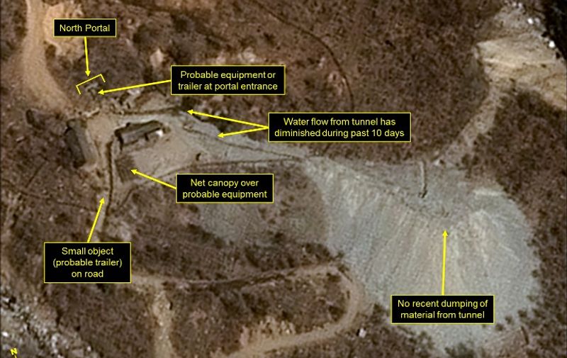 This handout picture obtained on April 13, 2017 from French space agency Centre national d'etudes spatiales (CNES - National Centre for Space Studies), Airbus Defense and Space and the 38 North analysis group, shows a satellite image taken on April 12, 2017 of North Korea's Punggye-ri Nuclear Test Site, with vehicles or trailers parked around the North Portal..
North Korea is ready to launch a nuclear test at its Punggye-ri Nuclear Test Site, the 38 North monitoring group reported on April 12, 2017. "Commercial satellite imagery of North Koreas Punggye-ri Nuclear Test Site from April 12 shows continued activity around the North Portal, new activity in the Main Administrative Area, and a few personnel around the sites Command Center," the North Korea-related analysis website said.  / AFP PHOTO / CNES AND Airbus Defense &amp; Space and 38 North / HO / RESTRICTED TO EDITORIAL USE - MANDATORY CREDIT "AFP PHOTO / CNES / Airbus Defense and Space / 38 North" - NO MARKETING NO ADVERTISING CAMPAIGNS - DISTRIBUTED AS A SERVICE TO CLIENTS