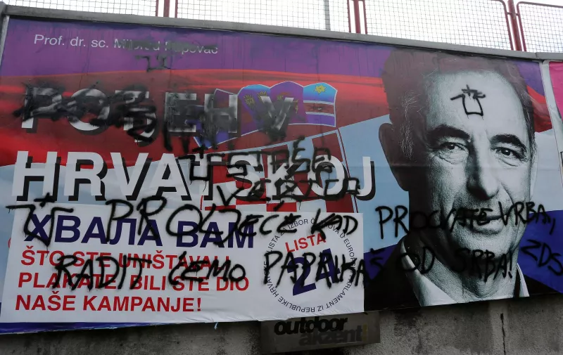 19.05.2019., Rijeka -  Grafiti protiv Pupovca na plakatu na zidu stadiona Orjent.
Photo:Goran Kovacic/PIXSELL