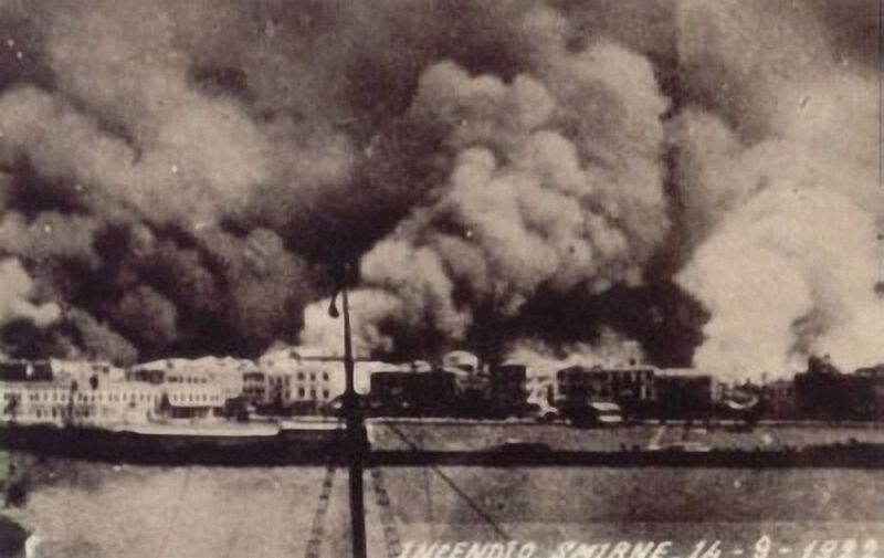A handout picture shows the Aegean city of Izmir burning on Spetember 14, 1922. A US television series has rekindled a debate in Turkey over the great 1922 fire that destroyed the Aegean city of Izmir, then a wealthy, multi-ethnic trade center, fuelling recriminations between Turks, Greeks and Armenians. "The Pacific" -- a multi-million-dollar production by Steven Spielberg and Tom Hanks about World War II -- featured in its third episode a character who says Turkish troops occupied and burnt down Izmir. The brief scene might have been of little significance for US viewers, but it unleashed a wave of outrage in Turkey, where the fire remains as one of the most contentious and mysterious events in national history.   AFP PHOTO / STR (Photo by STR / AFP)