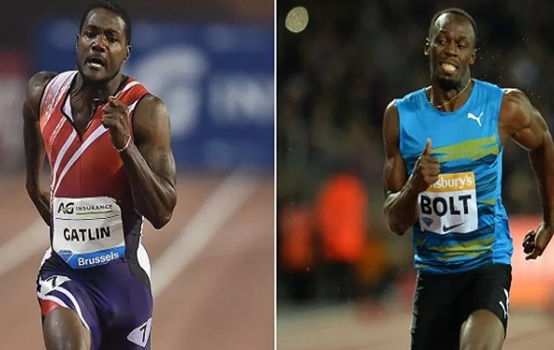 Combination picture made on August 21, 2015 shows Jamaica's Usain Bolt (R) in London on July 24, 2015 and Justin Gatlin in Brussels, September 5, 2014. Usain Bolt and the controversial Justin Gatlin will get the world championships off to an explosive start when they take their rivalry onto the Beijing track in the 100m heats on August 22, 2015. AFP PHOTO / EMMANUEL DUNAND / GLYN KIRK