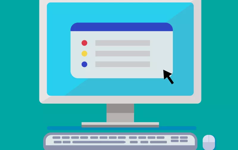 Flat computer design with keyboard, mouse and simple website show on screen vector illustration.