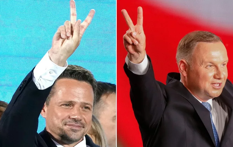 (COMBO) This combination of pictures created on June 28, 2020 shows
Polish President Andrzej Duda (top) flashing V-signs after addressing supporters as exit poll results were announced during the presidential election in Lowicz, Poland, on June 28, 2020 and Candidate in Poland's presidential election, Warsaw Mayor Rafal Trzaskowski flashing V-signs to supporters as exit poll results were announced during the presidential election in Warsaw, Poland, on June 28, 2020. - Poland's right-wing President Andrzej Duda topped round one of a presidential election on June 28, 2020, triggering a tight run-off with Warsaw's liberal Mayor Rafal Trzaskowski on July 12, according to an Ipsos exit poll. (Photos by Wojtek RADWANSKI and JANEK SKARZYNSKI / AFP)