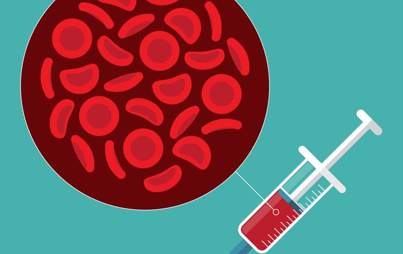 Syringe and Red blood cells. Vector illustration. Medical background.