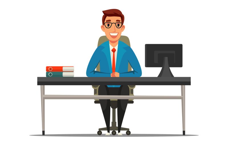 Office worker flat vector illustration. Smiling employee in private office cartoon character. Middle aged man in glasses sitting at desk. Programmer, project manager, bank worker at workplace